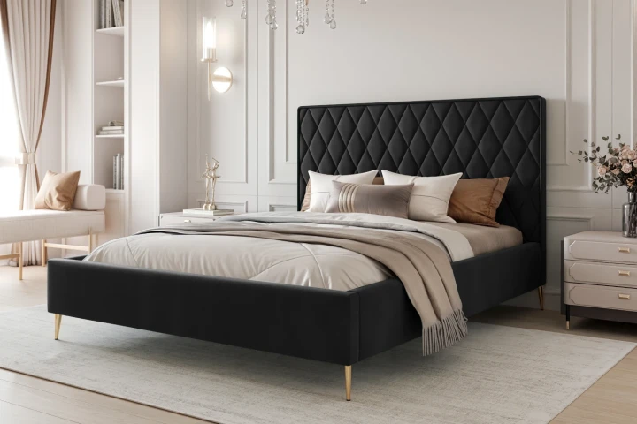 Łóżko tapicerowane z nóżkami i pojemnikiem na pościel Royal Czarny