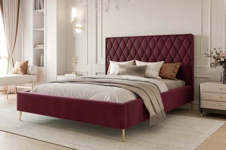 Łóżko tapicerowane z nóżkami i pojemnikiem na pościel Royal Bordowy