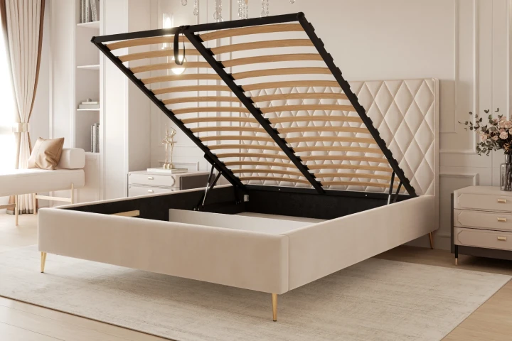 Łóżko tapicerowane z nóżkami i pojemnikiem na pościel Royal z metalowym stelażem