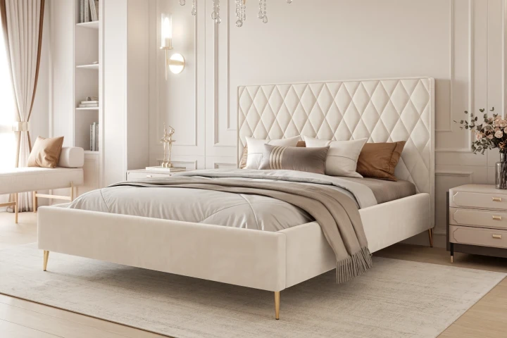 Łóżko tapicerowane z nóżkami i pojemnikiem na pościel Royal Ecru