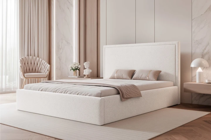 Łóżko tapicerowane z pojemnikiem na pościel Savio Śnieżnobiały