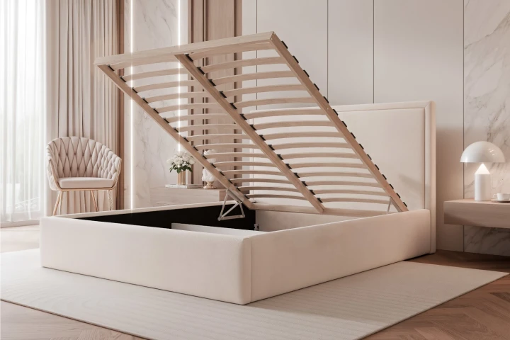 Łóżko tapicerowane z pojemnikiem na pościel Savio z drewnianym stelażem