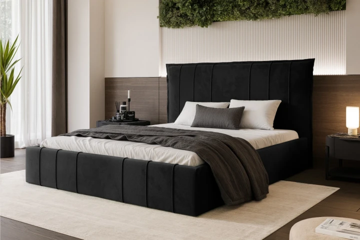 Łóżko tapicerowane z pojemnikiem na pościel i stelażem Vertico Czarny