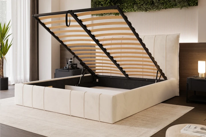 Łóżko tapicerowane z pojemnikiem na pościel i stelażem Vertico z metalowym stelażem