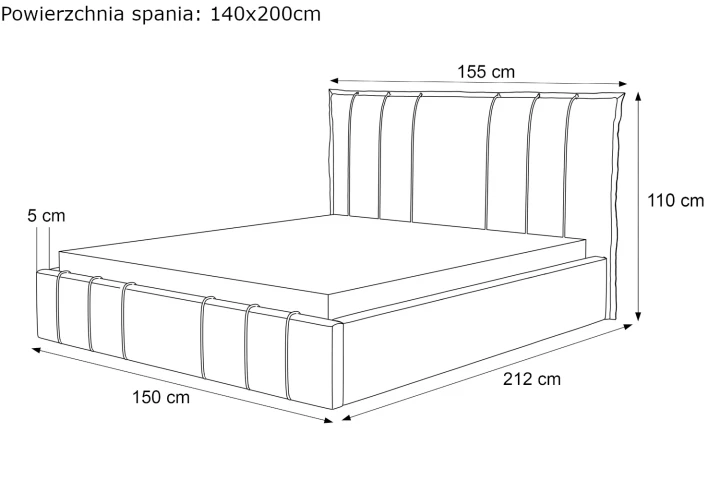 Łóżko tapicerowane z pojemnikiem na pościel i stelażem Vertico wymiary 140