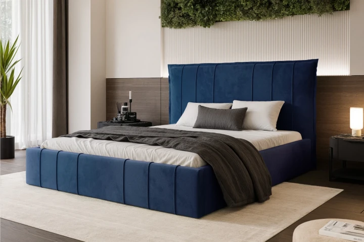 Łóżko tapicerowane z pojemnikiem na pościel i stelażem Vertico Granatowy