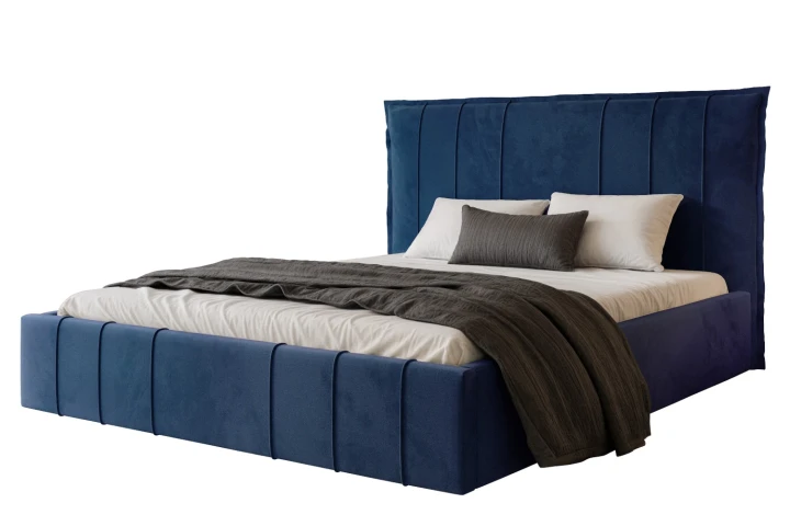 Łóżko tapicerowane z pojemnikiem na pościel i stelażem Vertico Granatowy