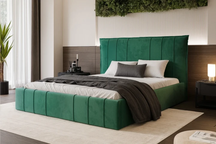 Łóżko tapicerowane z pojemnikiem na pościel i stelażem Vertico Zielony