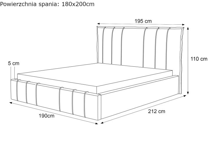 Łóżko tapicerowane z pojemnikiem na pościel i stelażem Vertico wymiary 180