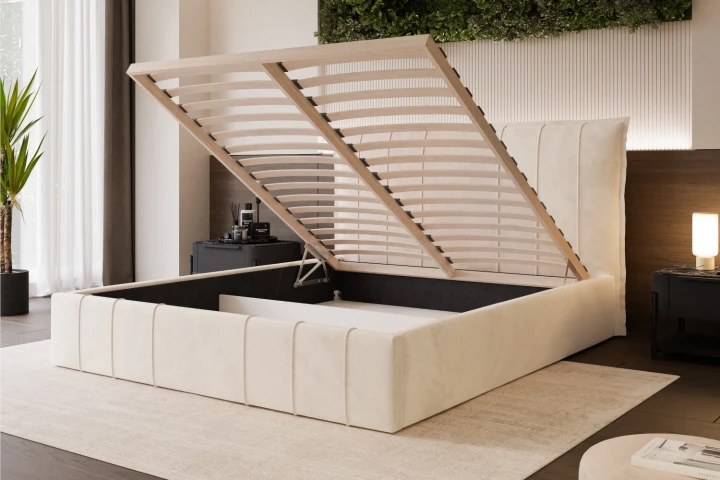 Łóżko tapicerowane z pojemnikiem na pościel i stelażem Vertico z drewnianym stelażem