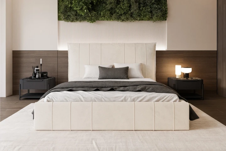 Łóżko tapicerowane z pojemnikiem na pościel i stelażem Vertico Ecru