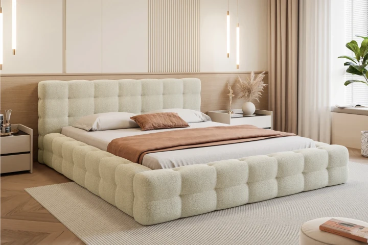 Łóżko tapicerowane z pojemnikiem na pościel i stelażem Amiri Jasny beż