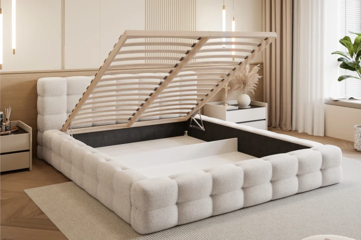 Łóżko tapicerowane z pojemnikiem na pościel i stelażem Amiri z drewnianym stelażem