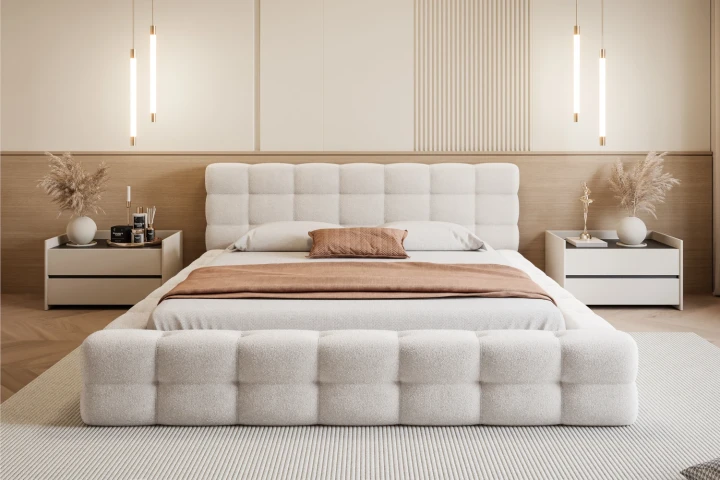 Łóżko tapicerowane z pojemnikiem na pościel i stelażem Amiri Biały