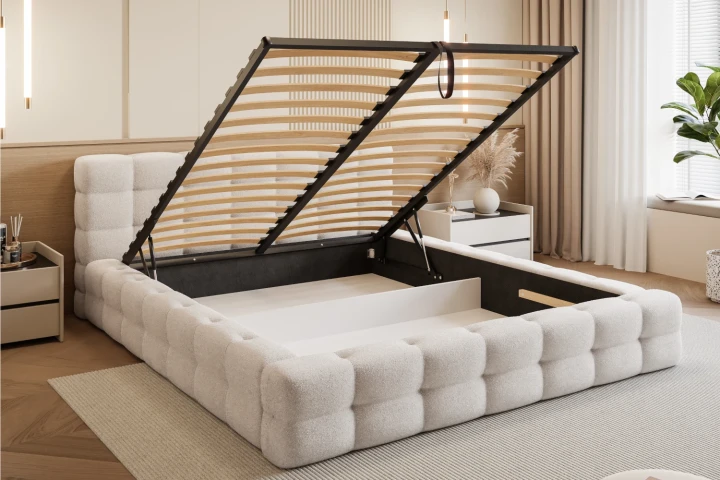 Łóżko tapicerowane z pojemnikiem na pościel i stelażem Amiri z metalowym stelażem