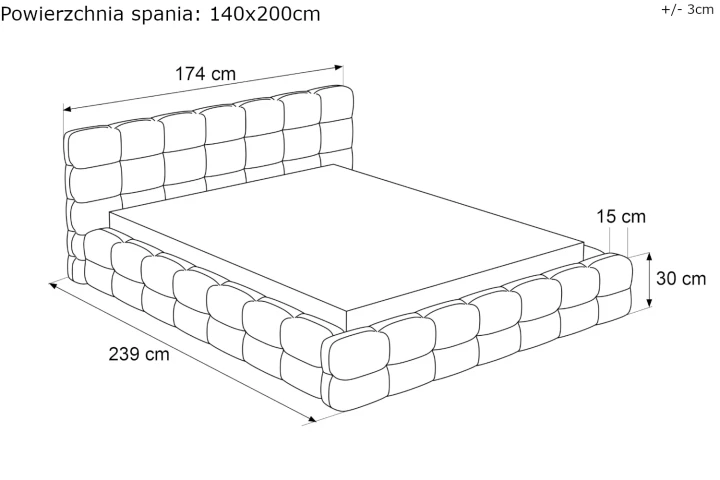 Łóżko tapicerowane z pojemnikiem na pościel i stelażem Amiri wymiary 140