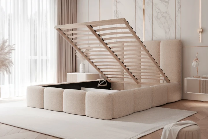 Łóżko tapicerowane do sypialni Cozy z drewnianym stelażem