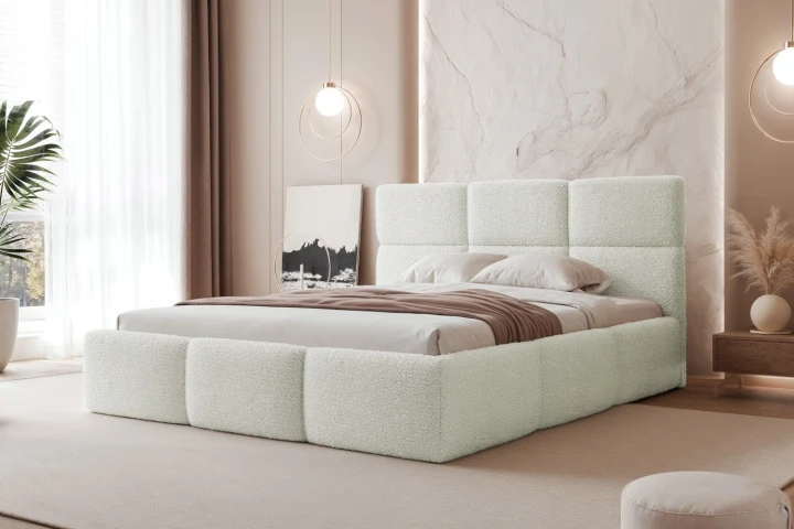 Łóżka tapicerowane z pojemnikiem i stelażem Moti Biały