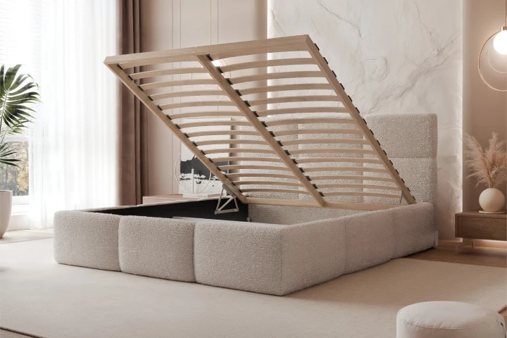 Łóżka tapicerowane z pojemnikiem Moti i drewnianym stelażem
