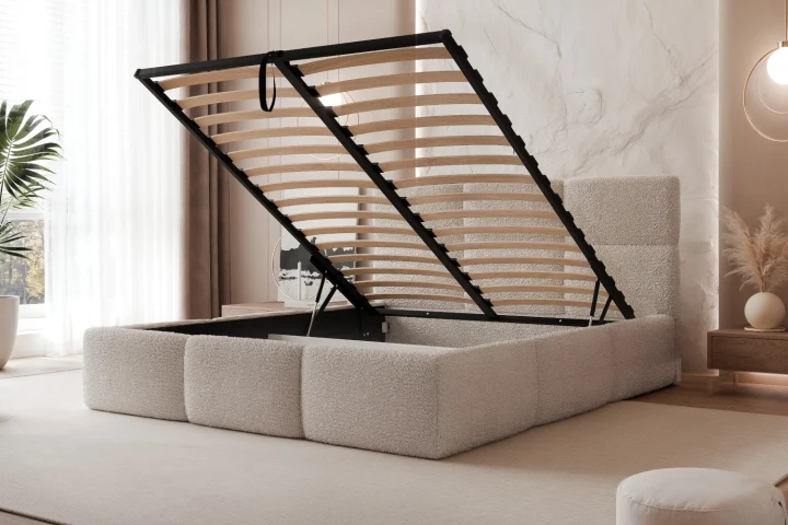 Łóżka tapicerowane z pojemnikiem Moti i metalowym stelażem