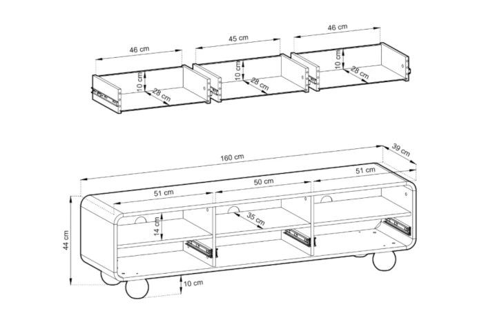 Szafka RTV 160cm z kulistymi nóżkami Bubo wymiary