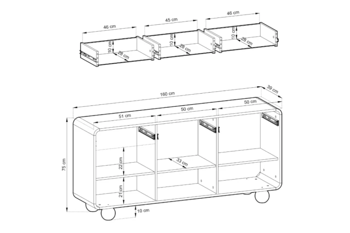 Komoda trzydrzwiowa z szufladami i kulistymi nóżkami Bubo wymiary