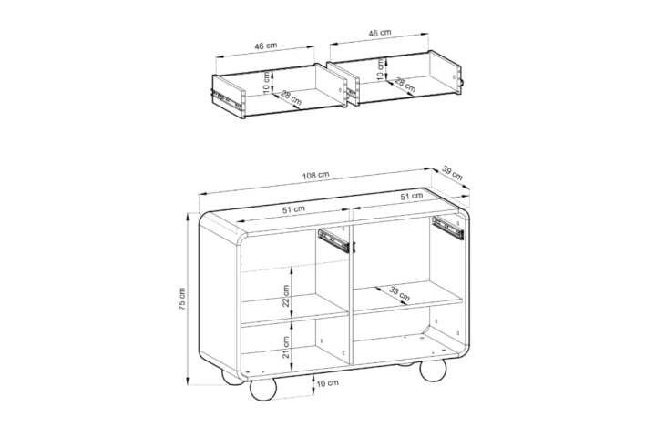 Komoda dwudrzwiowa z szufladami i kulistymi nóżkami Bubo wymiary