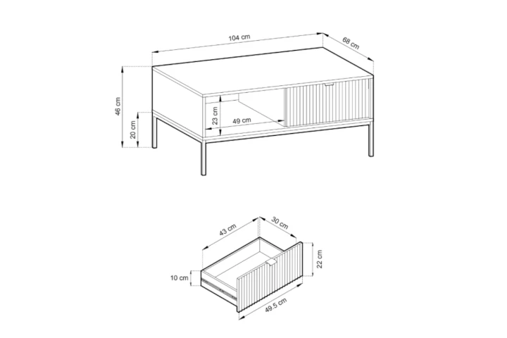 Stolik kawowy Nuo z ryflowanymi szufladami wymiary