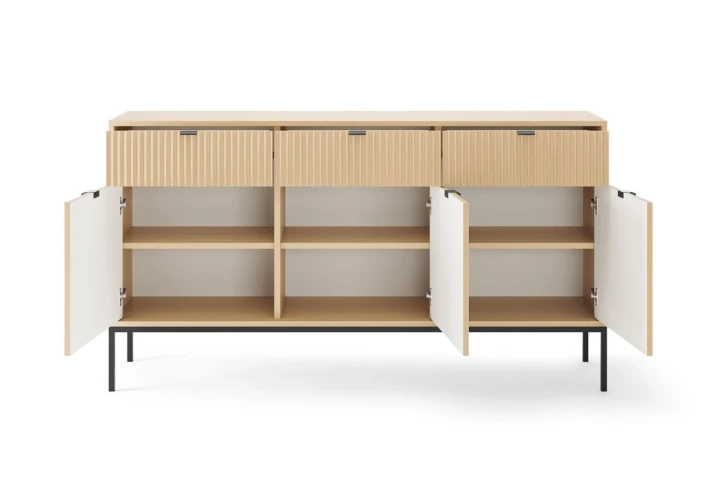 Komoda trzydrzwiowa Nuo ryflowana z szufladami Dąb Vicenza