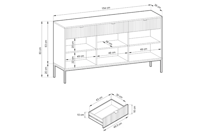 Komoda trzydrzwiowa Nuo ryflowana z szufladami wymiary