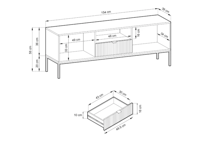 Szafka RTV z ryflowanymi drzwiczkami i szufladą Nuo wymiary