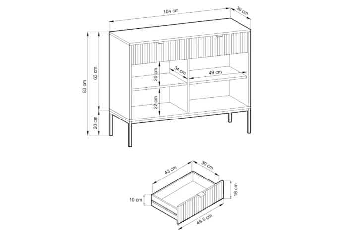 Komoda 104cm z ryflowanymi drzwiczkami i szufladami Nuo wymiary